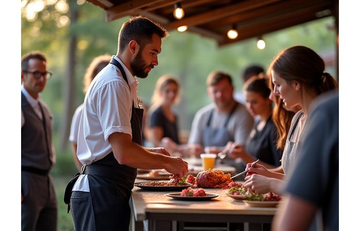 John Lewis demonstrating seasoning techniques to an engaged audience at a grilling workshop.