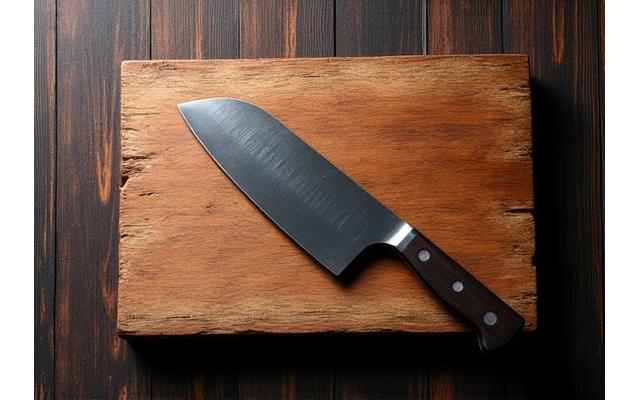 A large, thick wooden cutting board with multiple deep knife marks and a metal cleaver resting on it, signifying heavy use.