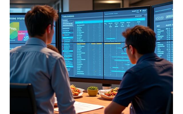 Three team members, including John Lewis, gathered around a computer reviewing data from a recent smoker test, looking engaged.