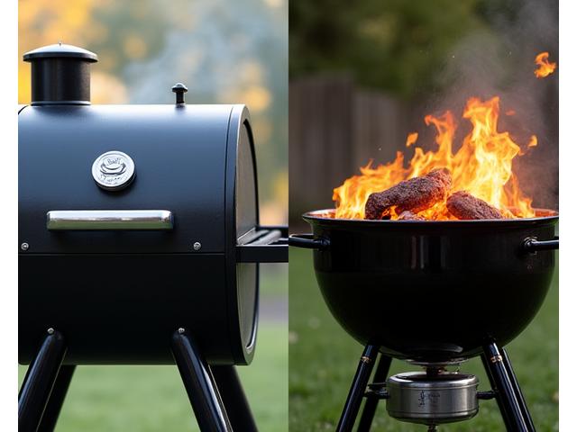 Side-by-side comparison of a modern pellet grill and a traditional charcoal kettle grill