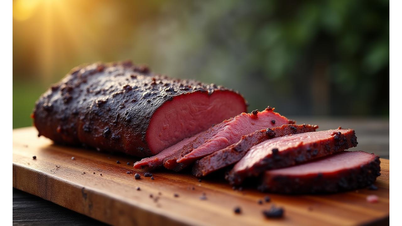 Perfectly smoked brisket on a cutting board, ready to slice, with a beautiful smoke ring