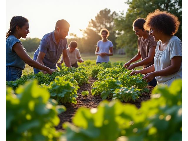 A vibrant community garden blooming, with diverse people of all ages working together, symbolizing growth, sustainability, and collective positive impact.