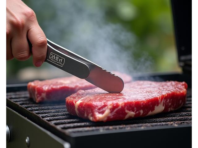 A person thoughtfully tending to a grill, demonstrating best practices like using reusable tools and clean burning fuel, with a rustic, clean aesthetic.