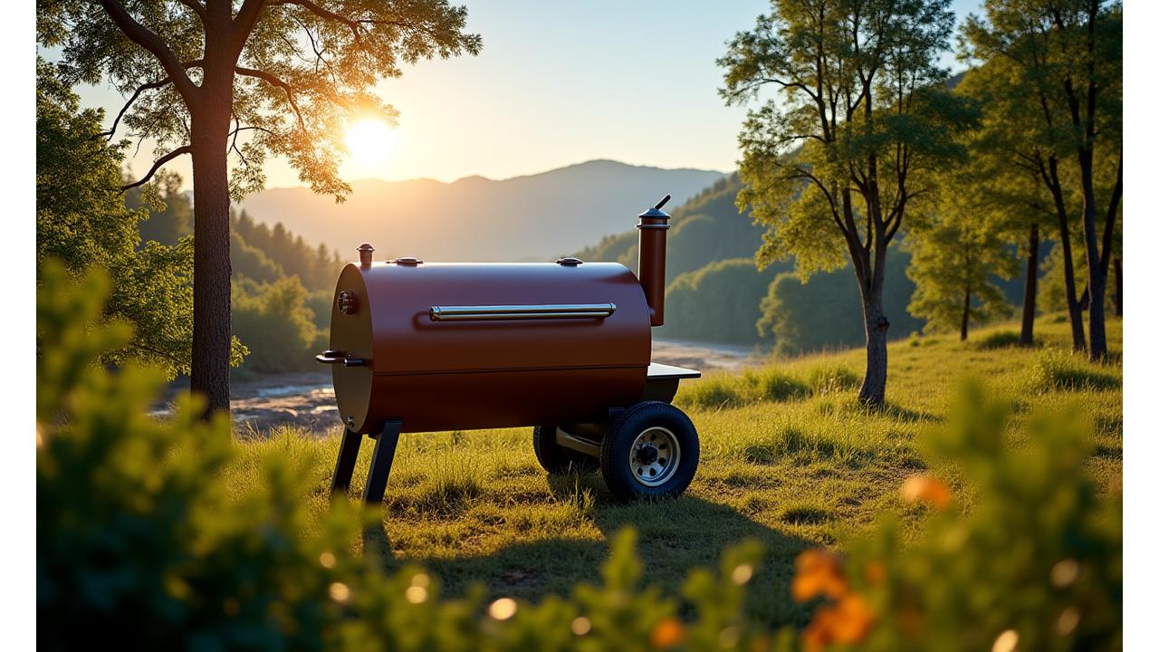 A tranquil outdoor grilling scene with a modern smoker, surrounded by lush green trees and clear skies, emphasizing nature and sustainability.
