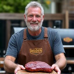 Frank 'Smoky' Davis, Lead Pitmaster, smiling with a smoked brisket.