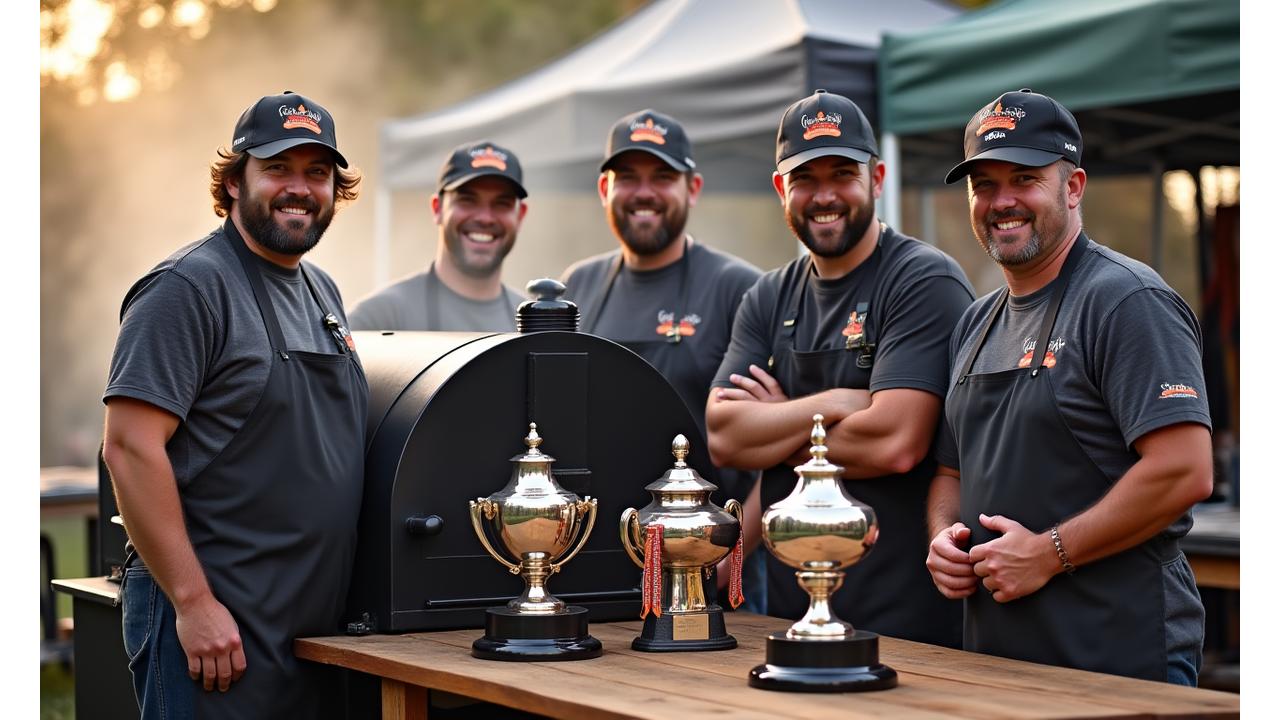 Team of pitmasters proudly displaying BBQ competition awards in front of a smoker, with a smoke-filled, rustic background.